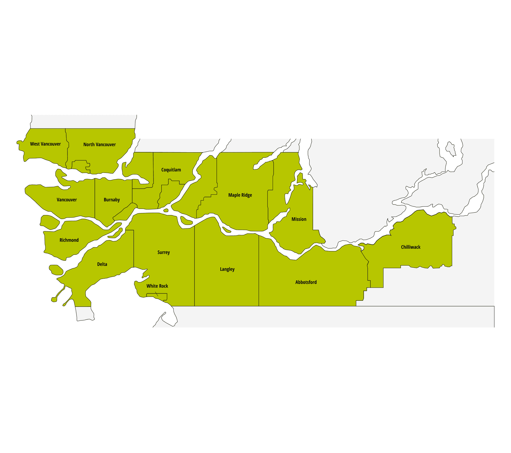 Greater Vancouver, BC, highlighted in green on map