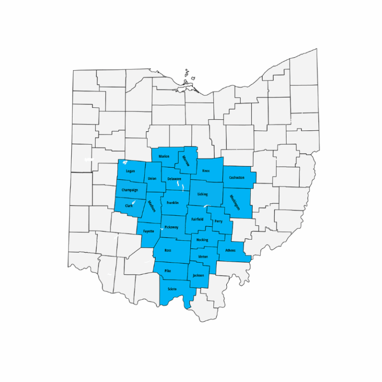 Map of Ohio counties with counties surrounding Columbus highlighted blue to indicate R&R Foundation service area in Ohio